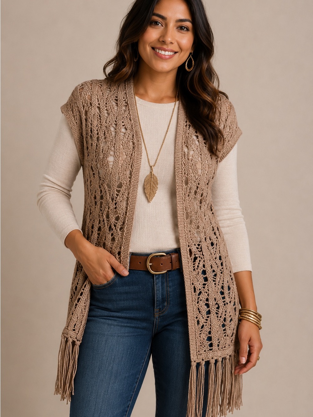 Heart N Crush Taupe Crochet Fringe Open Front Cardigan Vest Size Large Boho